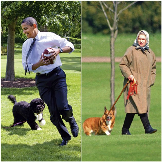 Reina Isabel y Obama con perros