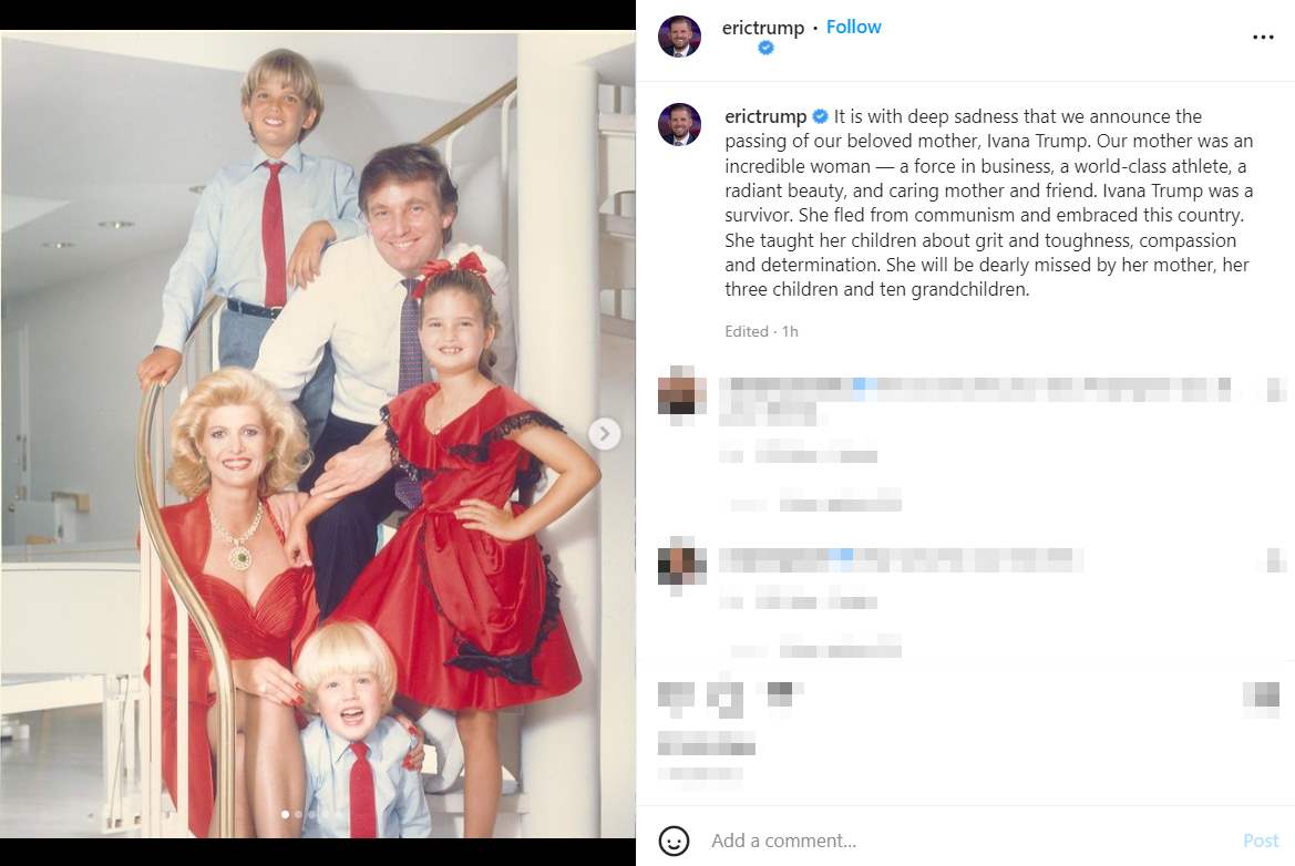 Eric Trump rinde homenaje a su madre en Instagram