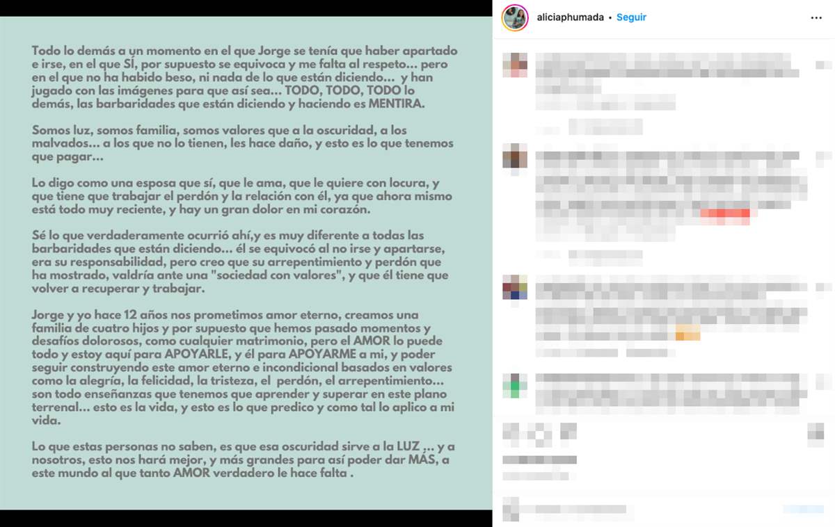 Alicia Peña mujer de Jorge Pérez lanza un comunicado en Instagram