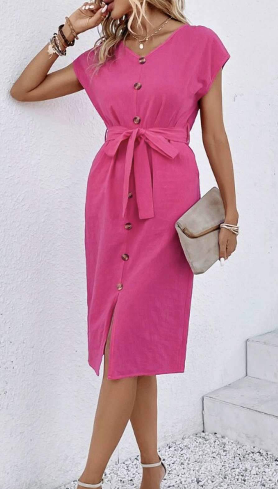 Vestido de lino fucsia con cinturón