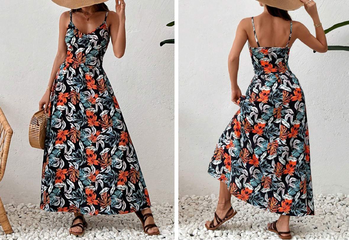 SHEIN Vestido de tirantes con estampado tropical y abertura en el muslo de VCAY