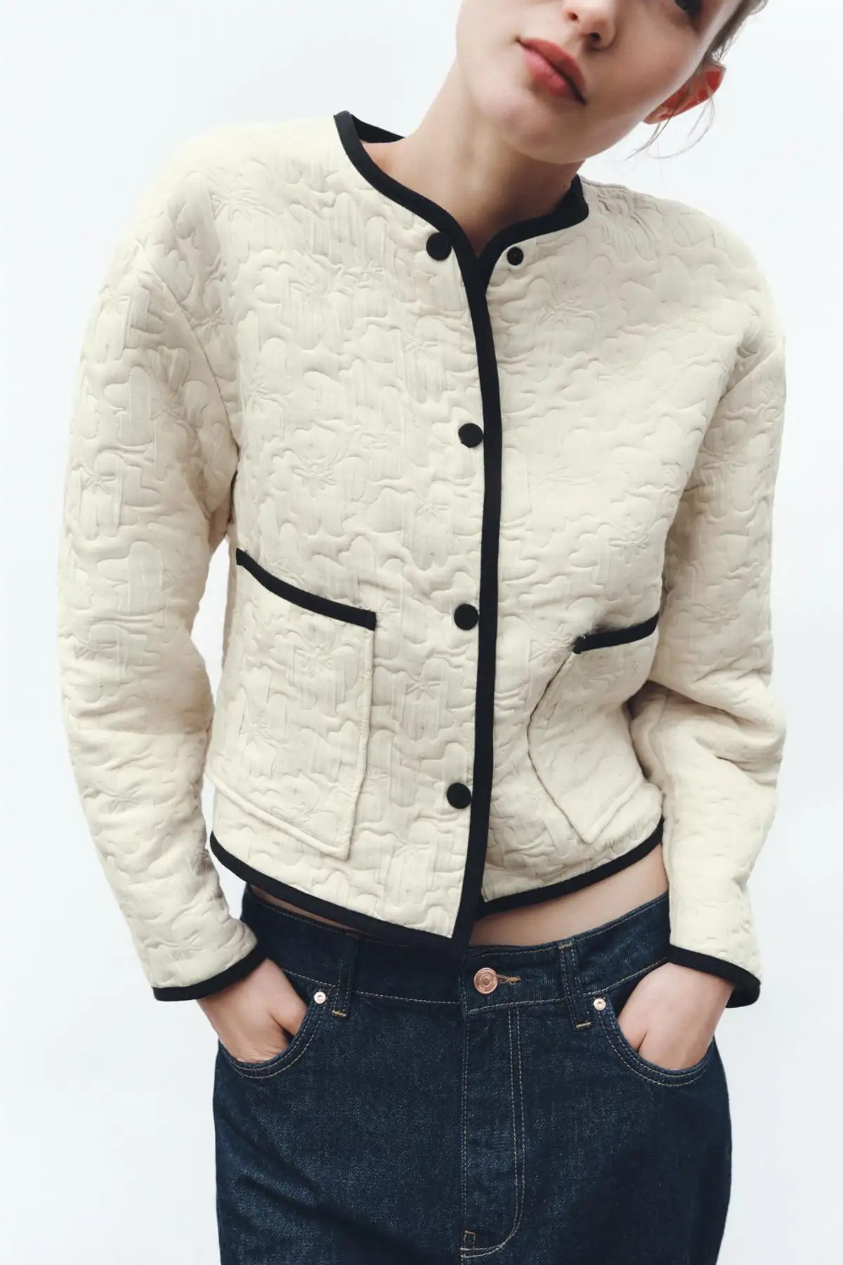 JACKET WITH CONTRAST TRIMS AND FLORAL STITCHING