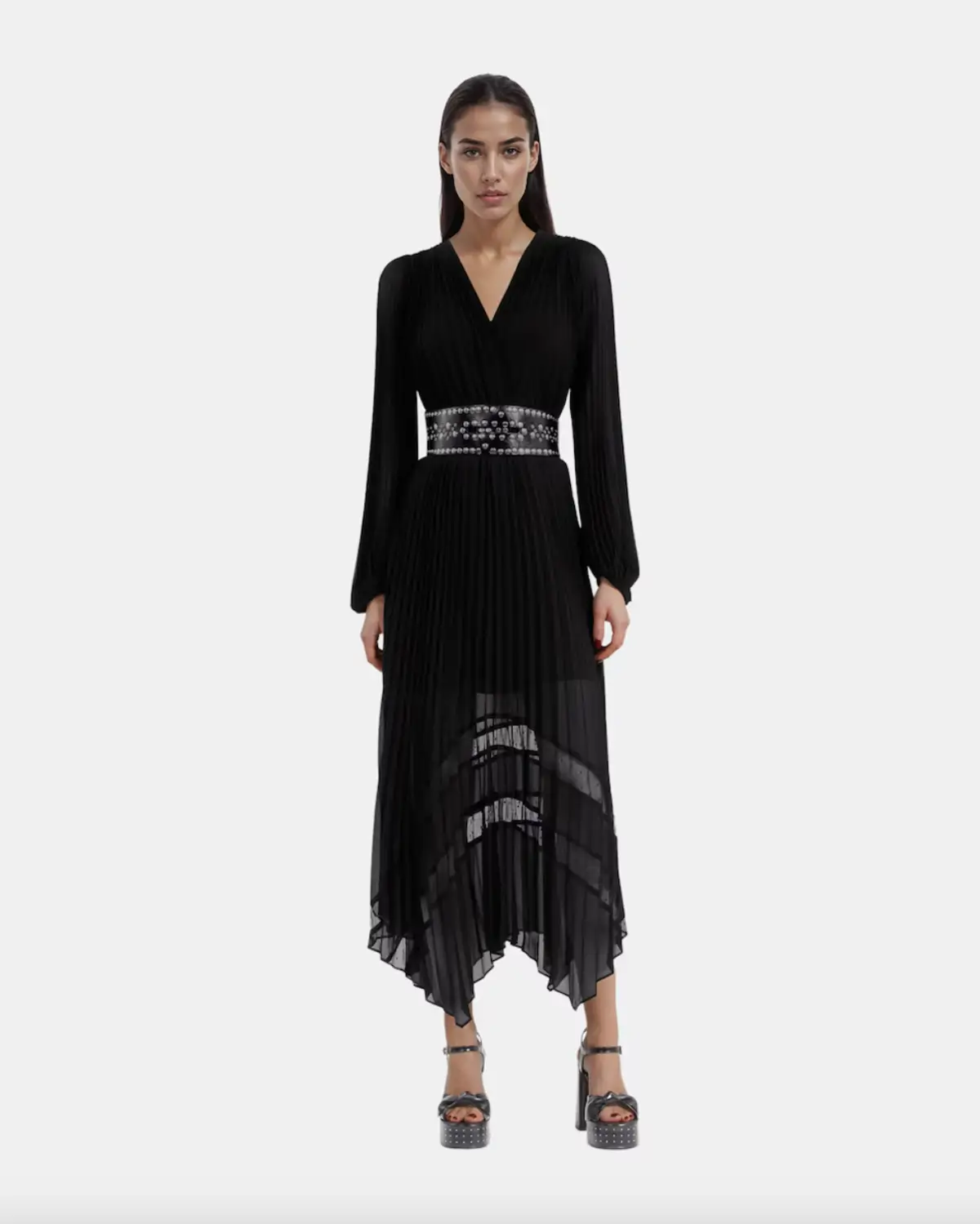 Vestido largo plisado de manga larga