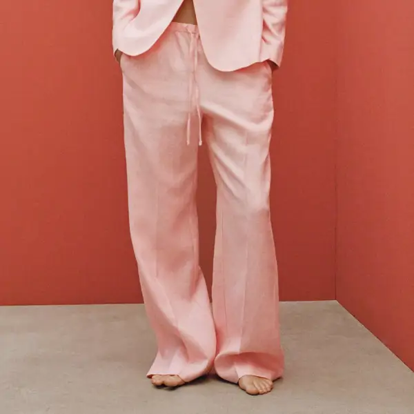 Pantalón recto lino con lazo de Mango