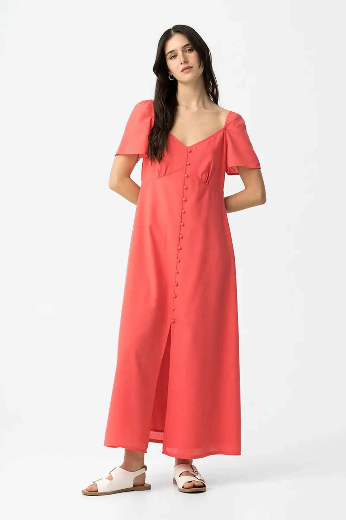 Vestido forrado con volantes y escote cuadrado Paz Torras