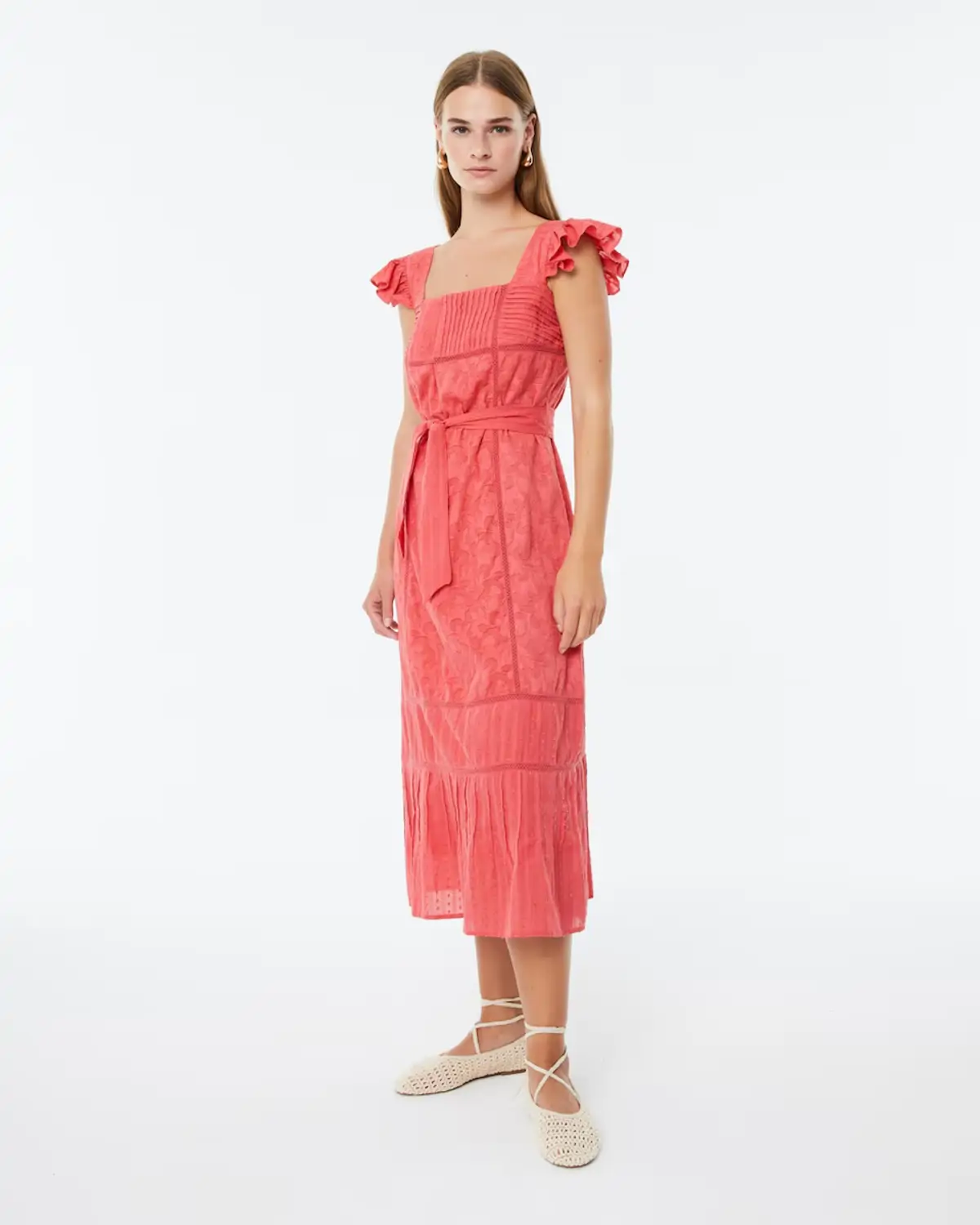 Vestido forrado con volantes y escote cuadrado Paz Torras