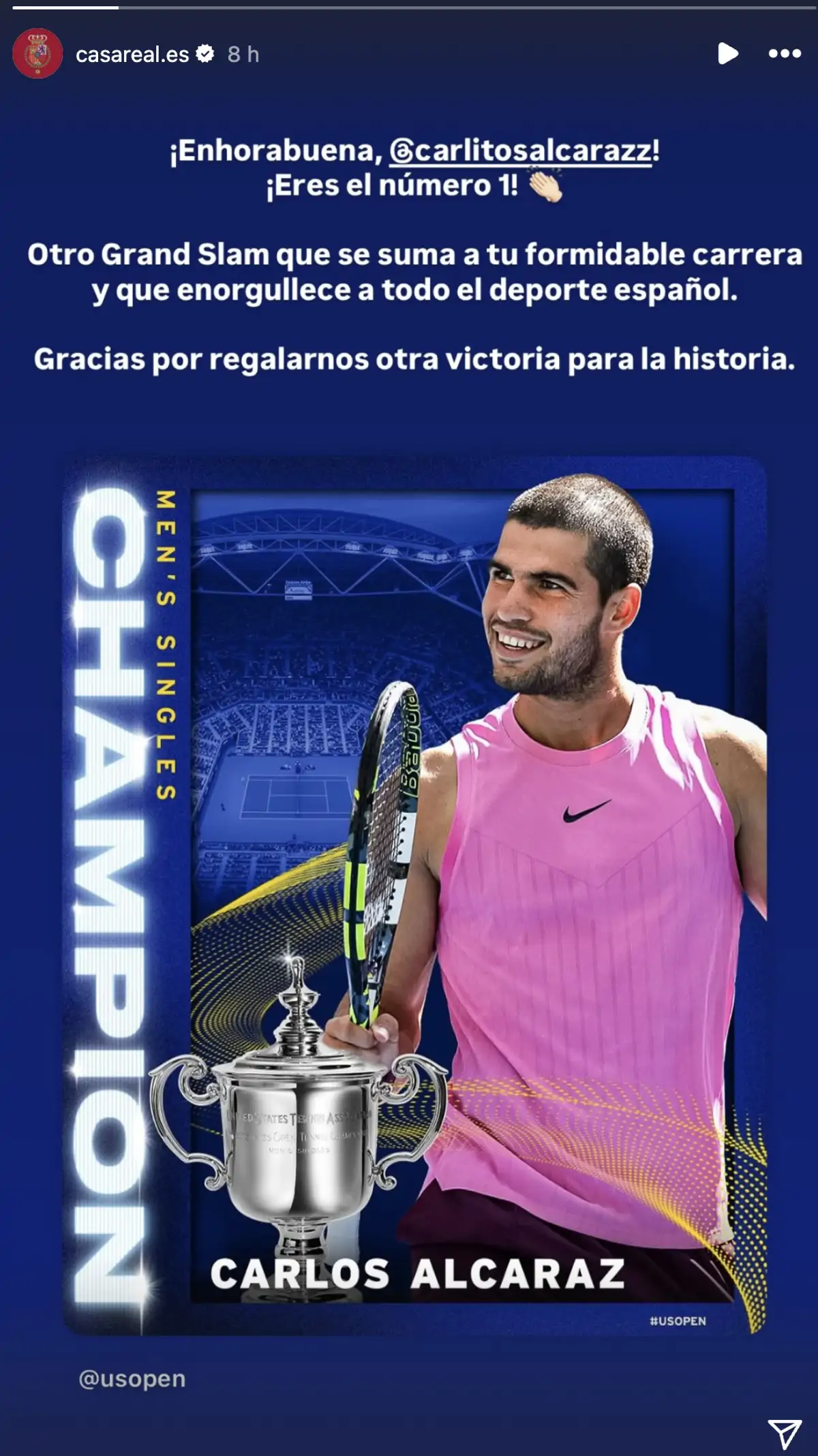 Los reyes Felipe y Letizia envían un bonito mensaje a Carlos Alcaraz tras  su victoria en el US Open: "Enorgullece a todo el deporte español"